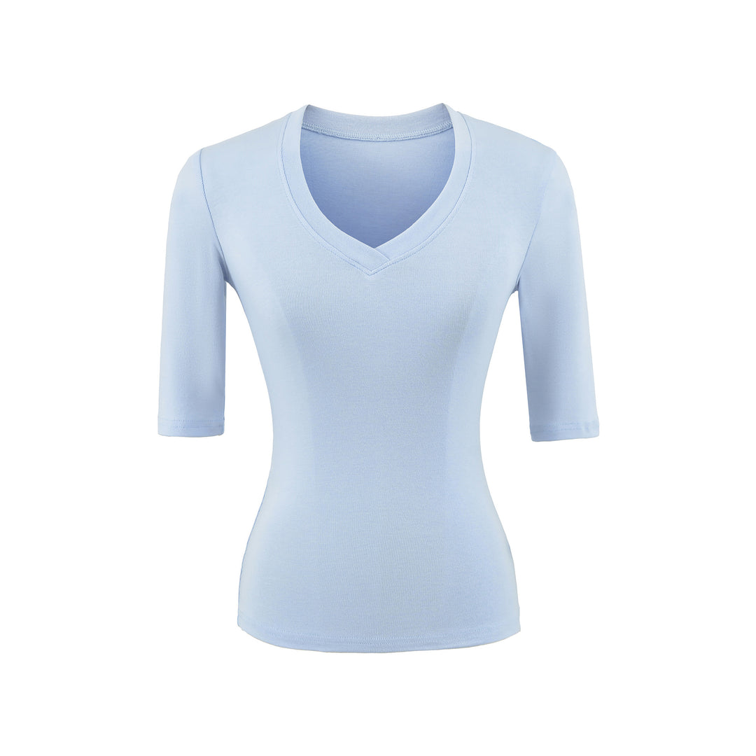 Women's Fitted V-Neck Three-Quarter Sleeve Fine Rib Top made of Stretch Jersey Mune Fashion