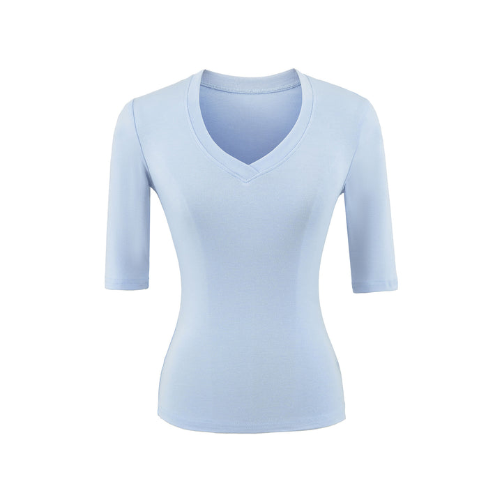 Women's Fitted V-Neck Three-Quarter Sleeve Fine Rib Top made of Stretch Jersey Mune Fashion