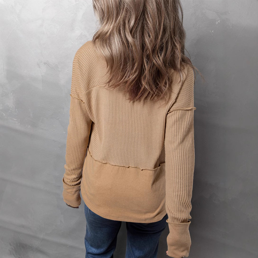 Women Oversized Sweater with Waffle Structure, V-Notch and Dropped Shoulder Mune Fashion