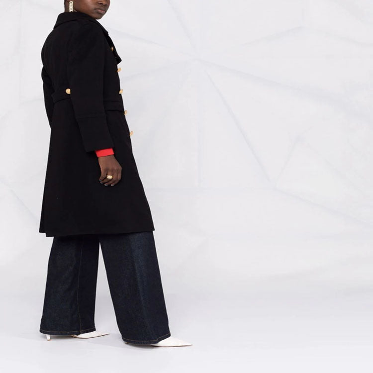 Women Tailored Double-Breasted Coat in Marine Style with Golden Decorative Buttons and Flap Pockets Mune Fashion