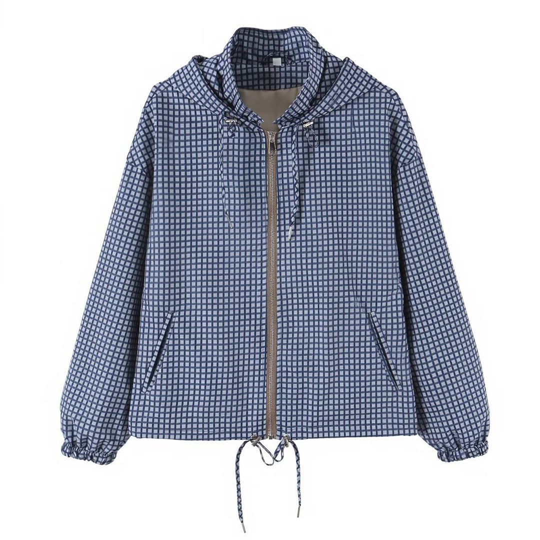 Women Lightweight Hooded Boxy Transitional Jacket with Check Grid Print, Drawstring and Elastic Cuffs Mune Fashion