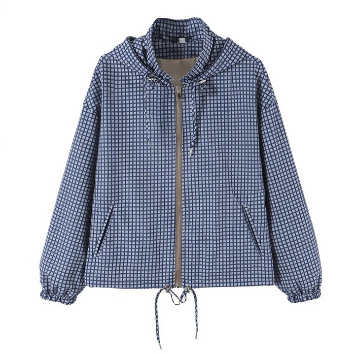 Women Lightweight Hooded Boxy Transitional Jacket with Check Grid Print, Drawstring and Elastic Cuffs Mune Fashion