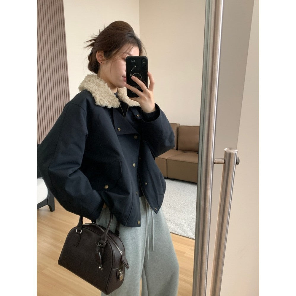 Women Short Oversized Bomber Jacket with Teddy Collar and Snap Button Details Mune Fashion