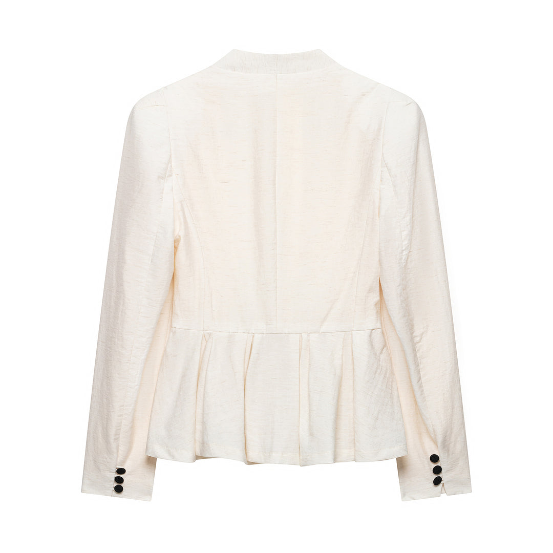 Women Tailored Blazer Jacket with Deep V-Neck, Pleated Peplum and Decorative Button Placket Mune Fashion