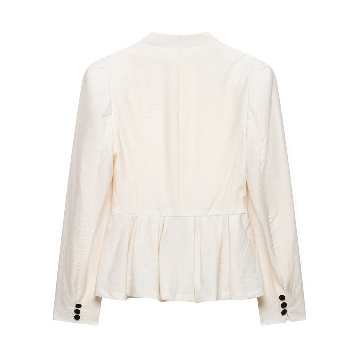 Women Tailored Blazer Jacket with Deep V-Neck, Pleated Peplum and Decorative Button Placket Mune Fashion