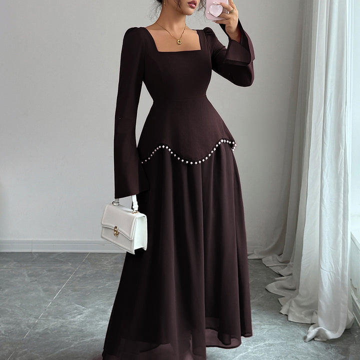Ladies' elegant maxi dress with square neckline, fitted peplum yoke, and pearl trim Mune Fashion