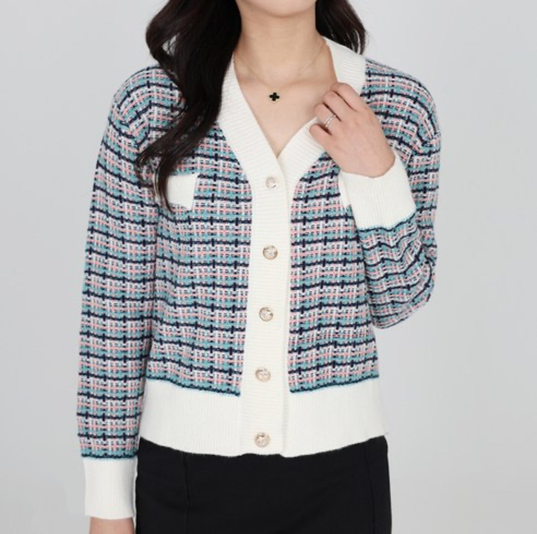 Women's Tweed Knit Cardigan with V-Neck and Decorative Button Placket Mune Fashion