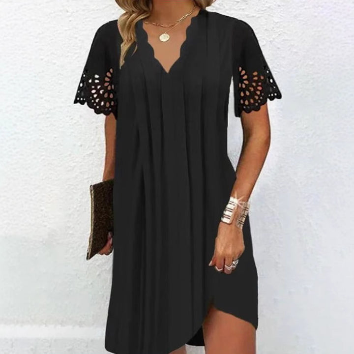Women's A-line short dress with wavy V-neck, lace embroidery sleeves and asymmetrical hem Mune Fashion