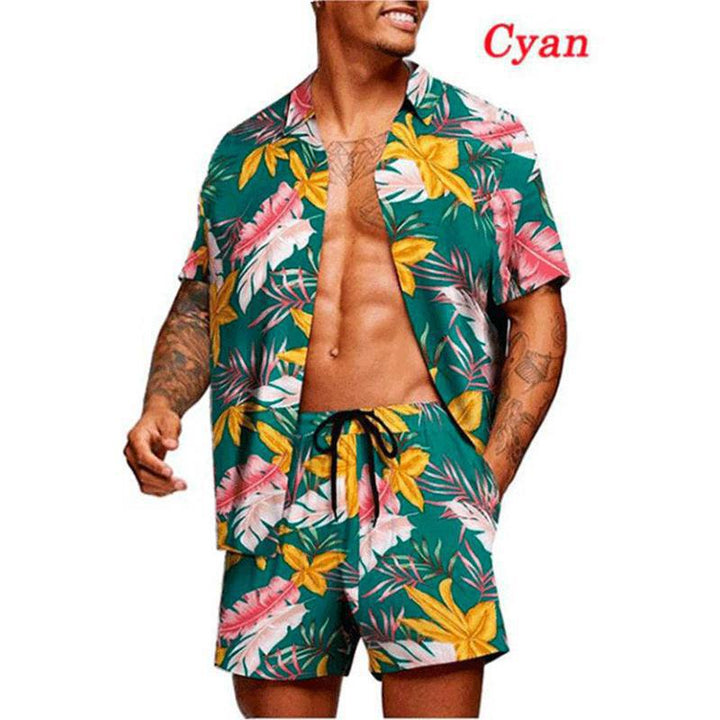 Men's tropical short sleeve shirt and swim shorts set with lapel collar, drawstring, and practical side pockets Mune Fashion