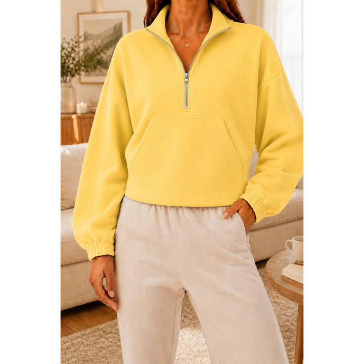 Women's Short Cut Sweatshirt Sweater with Half Zipper and Kangaroo Pocket Mune Fashion