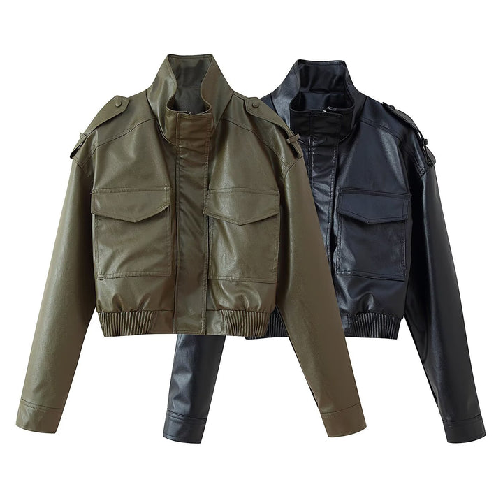 Women's short cut blouson jacket made of vegan leather with shoulder flaps and flap pockets Mune Fashion