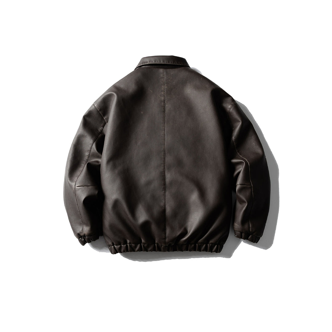 Men's Oversized Faux Leather Bomber Jacket with Flap Pockets, Concealed Closure and Elastic Hem Mune Fashion