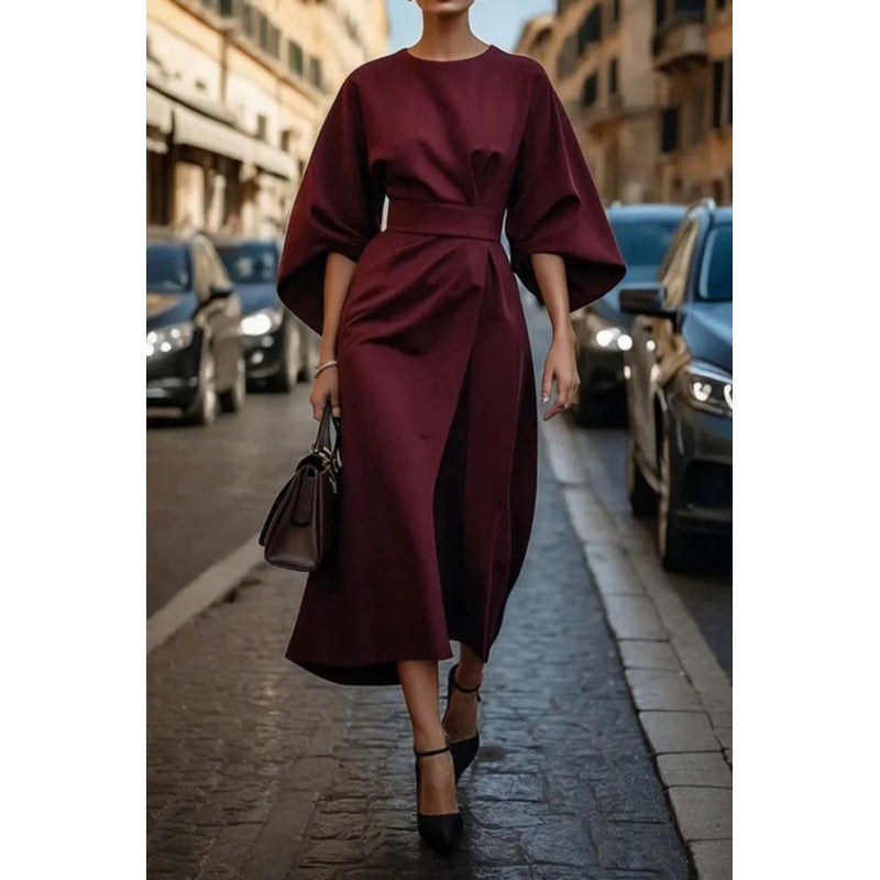 Ladies Elegant Midi Dress with Wide Kimono Sleeves and Fitted Wrap Waist Mune Fashion