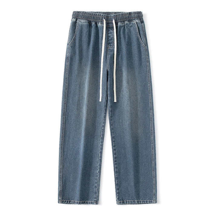 Men's Wide Denim Jogging Pants with Elastic Waistband and Long Drawstrings Mune Fashion