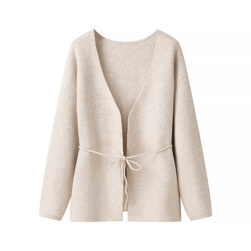 Women's Open Knit Cardigan with Ties and V-neck Mune Fashion