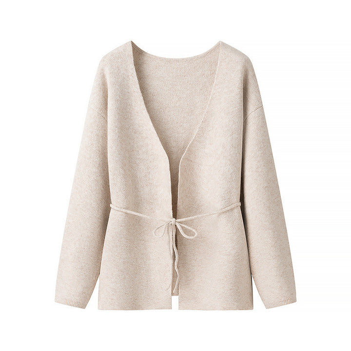 Women's Open Knit Cardigan with Ties and V-neck Mune Fashion
