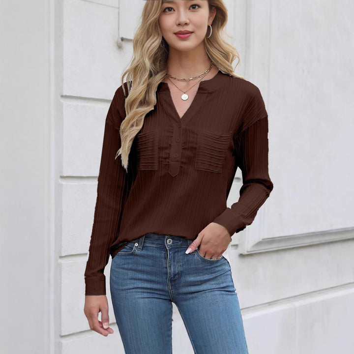 Ladies nan ribbed long sleeve blouse with V-neck, concealed button placket and patch chest pockets Mune Fashion