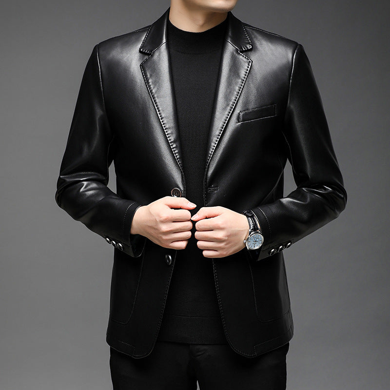 Men's Elegant Faux Leather Blazer in Tailored Fit with Lapel Collar and Flap Pockets Mune Fashion