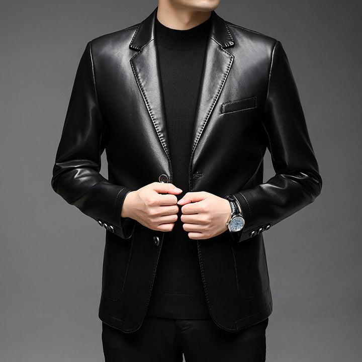 Men's Elegant Faux Leather Blazer in Tailored Fit with Lapel Collar and Flap Pockets Mune Fashion