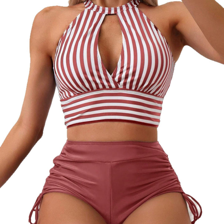Women's High-Waisted Swim Set with Stripe Design Mune Fashion