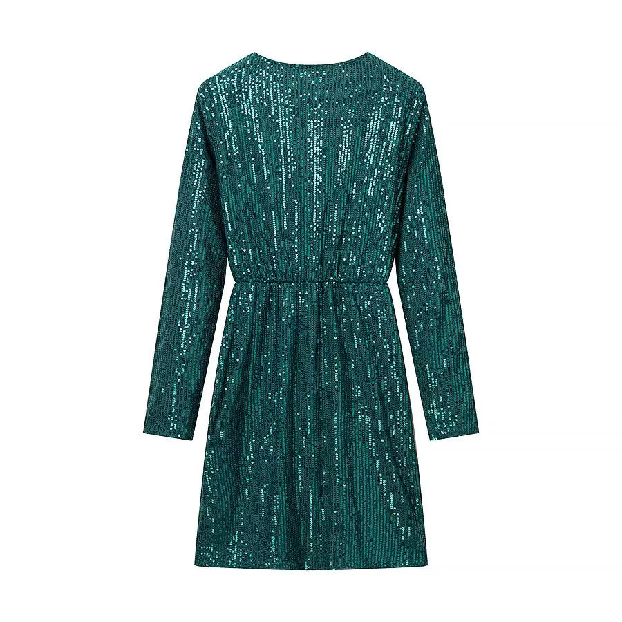 Women's wrap mini dress with sequin trim, deep V-neckline and fitted tie belt Mune Fashion
