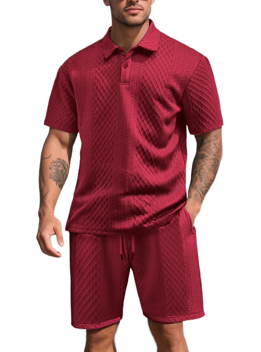 Men's three-dimensional relief leisure set with polo collar, concealed button placket and elastic drawstring shorts Mune Fashion