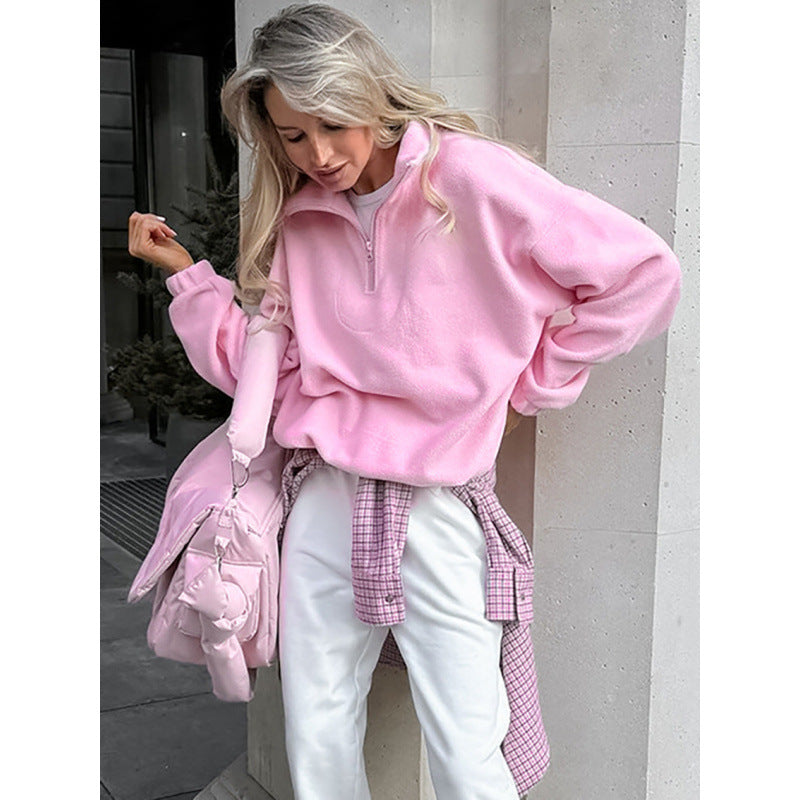 Women’s Oversized Fleece Pullover with Half Zipper and Stand-Up Collar Mune Fashion