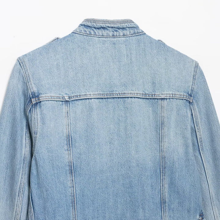 Women's jeans field jacket with stand-up collar, shoulder patches, and four flap pockets Mune Fashion