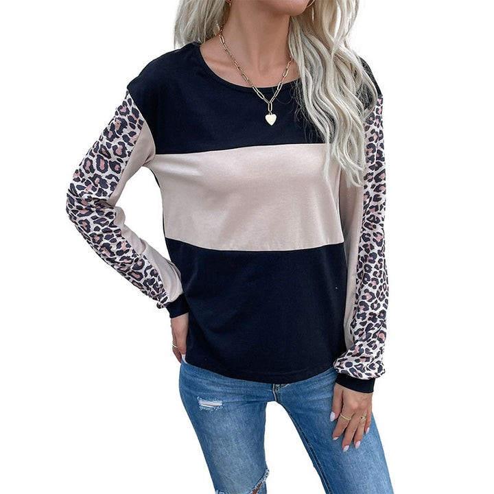 Women's Colorblock Sweatshirt with Leopard Sleeves and Round Neckline Mune Fashion