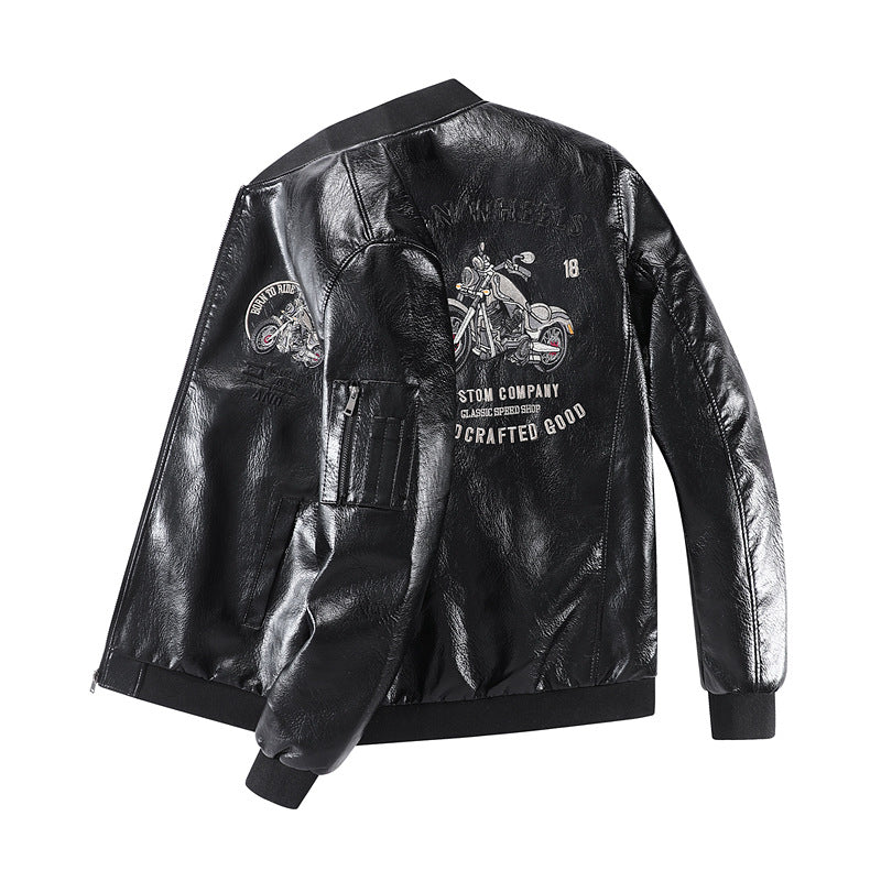 Men's Fashion Faux Leather Bomber Jacket with Detailed Embroidery Mune Fashion