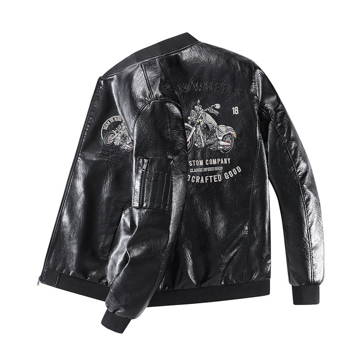 Men's Fashion Faux Leather Bomber Jacket with Detailed Embroidery Mune Fashion