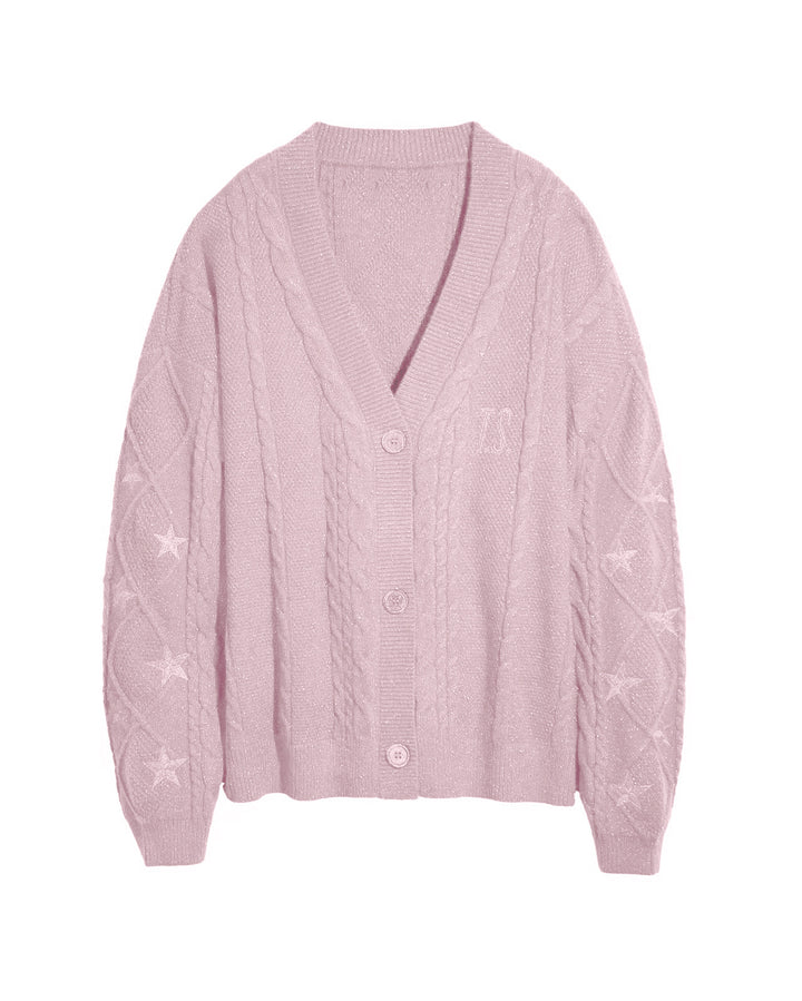 Women's oversized chunky knit cardigan with cable pattern, V-neck and star embroidery Mune Fashion