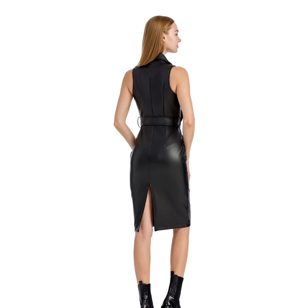 Women's sleeveless tailored faux leather pencil dress with lapel collar Mune Fashion