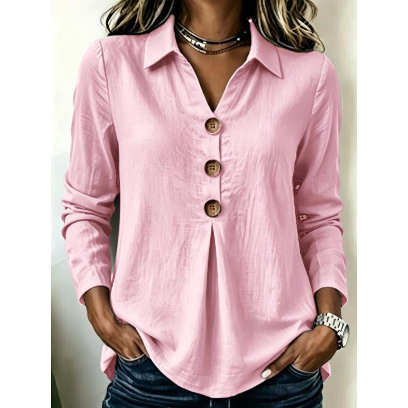 Women's long sleeve blouse with wooden button placket and front pleat Mune Fashion