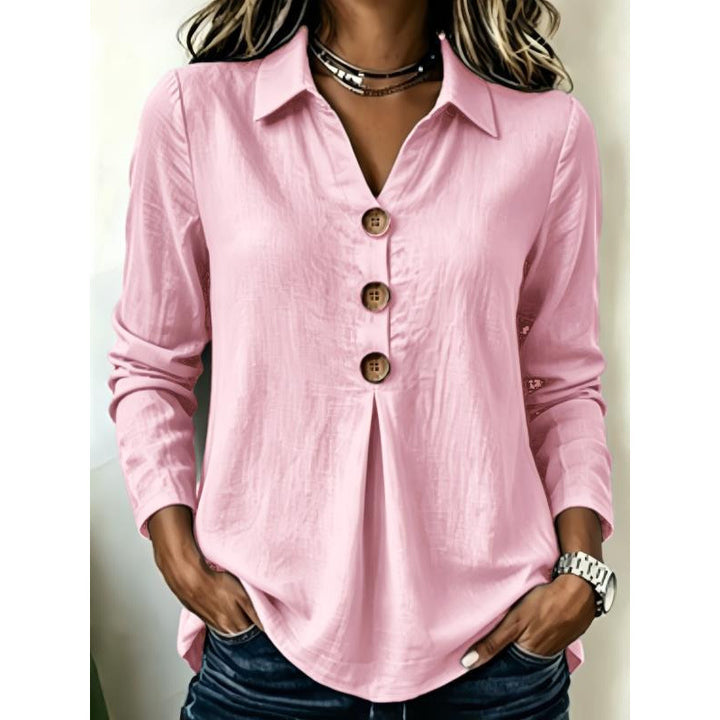 Women's long sleeve blouse with wooden button placket and front pleat Mune Fashion