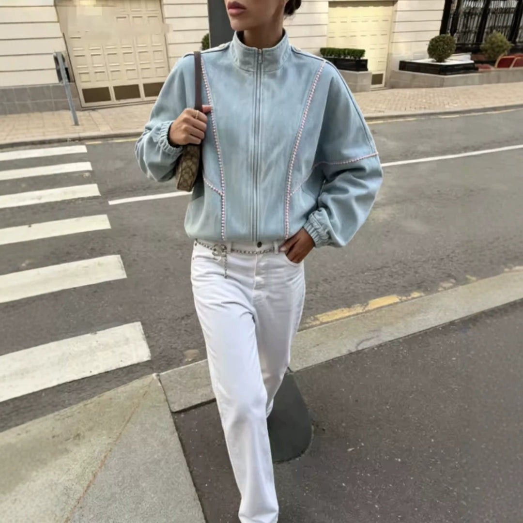 Women's Lightweight Cropped Bomber Jacket with Decorative Trims, Elastic Cuffs and Full-Length Zipper Mune Fashion
