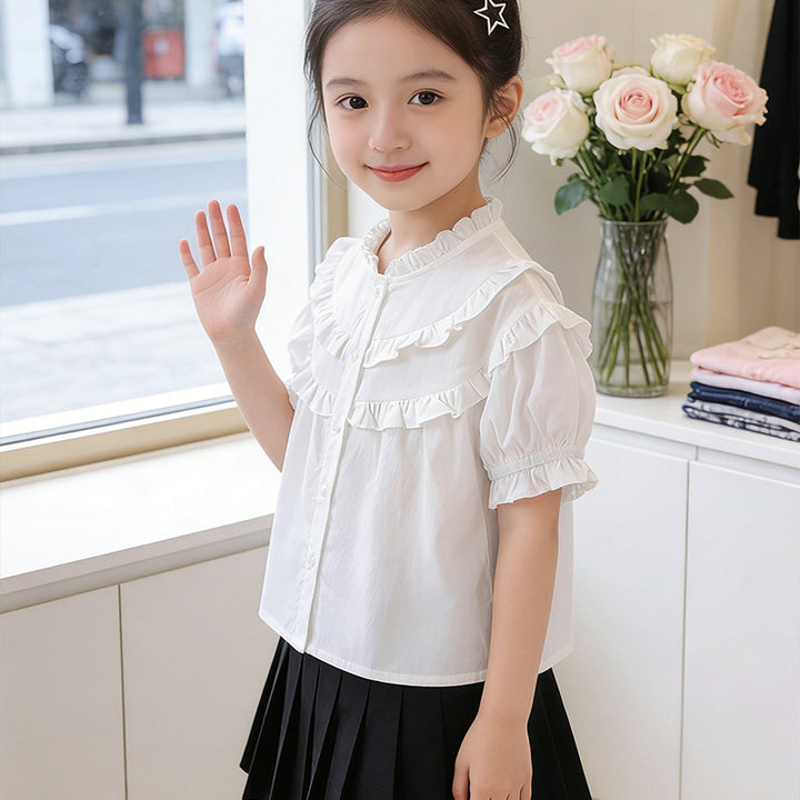 Girls Ruffled Blouse with Elegant Collar Mune Fashion