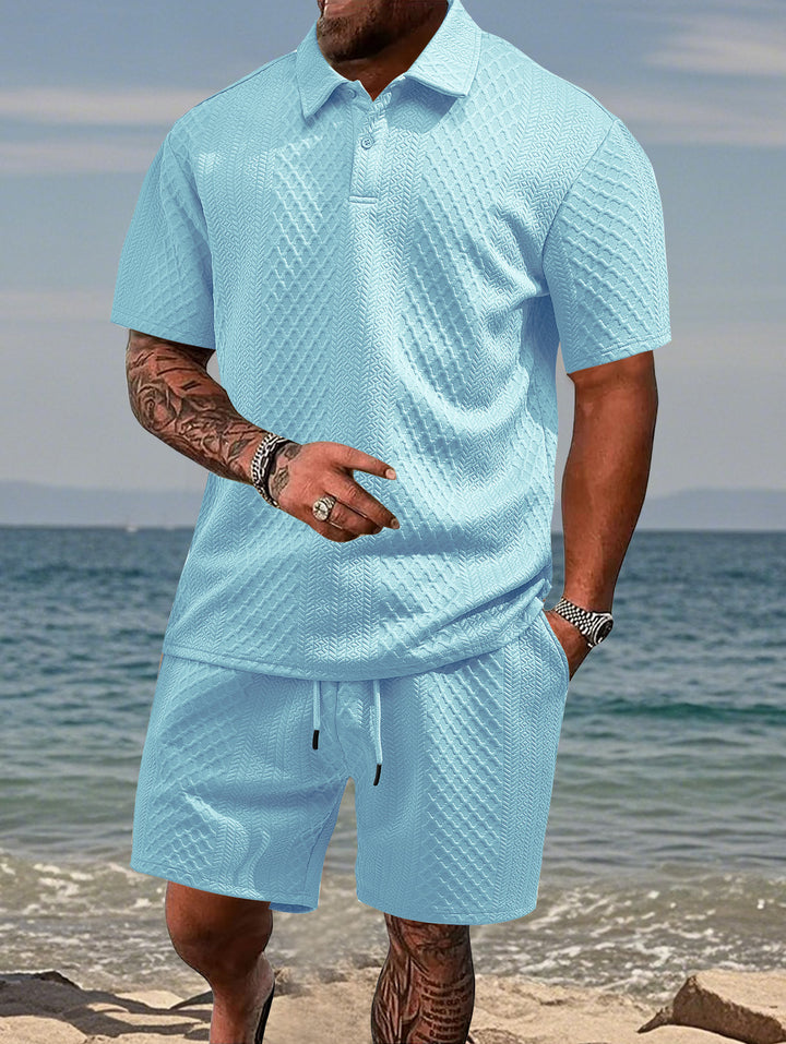 Men's embossed beach ensemble with open short sleeve shirt and cord Bermuda Mune Fashion
