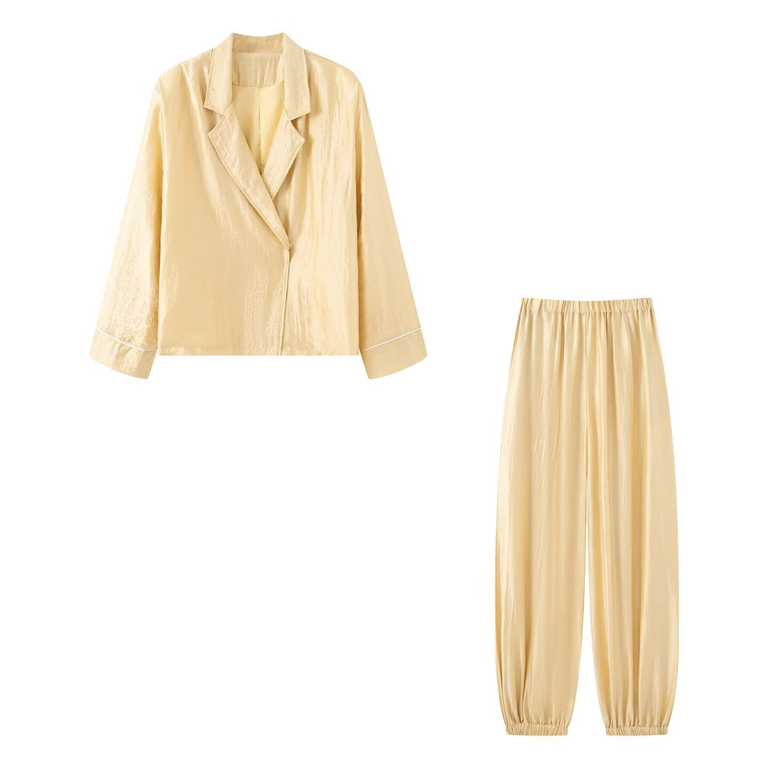 Ladies Two-Piece Lounge Set with Blazer Jacket and Elastic Waist Pants Mune Fashion