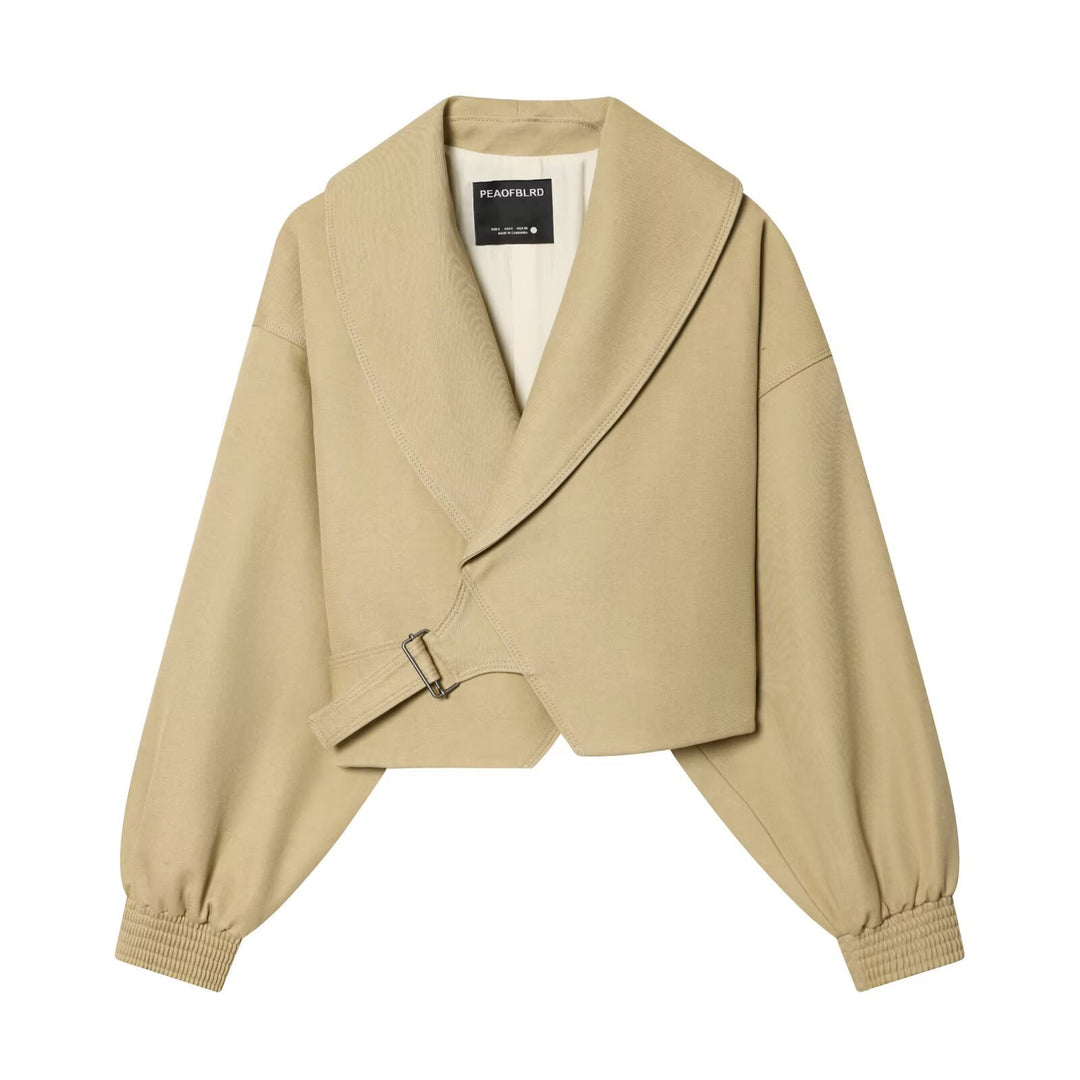 Women Cropped Trench Coat with Wide Shawl Collar, Tie Belt and Balloon Sleeves Mune Fashion