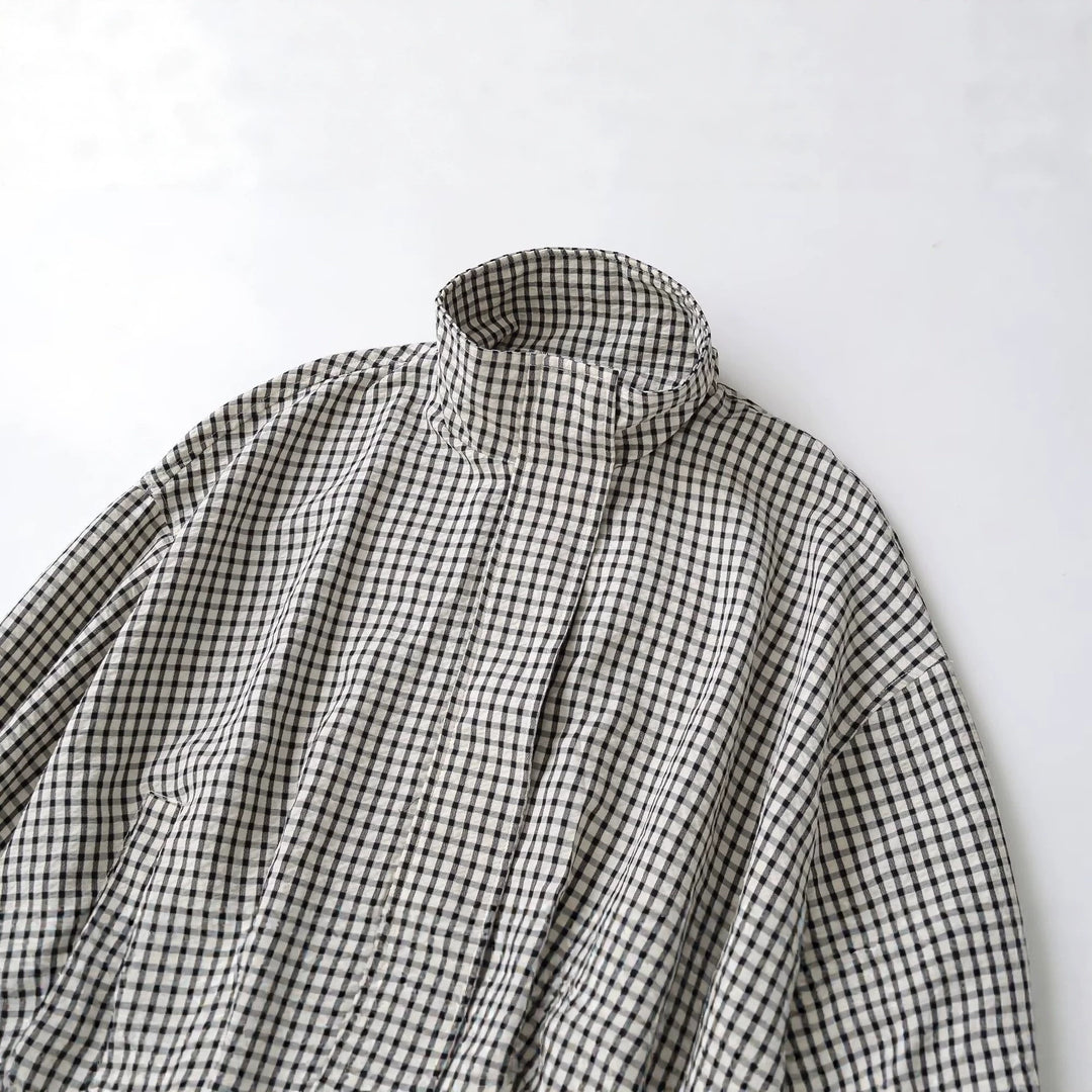 Women Oversized Short Blouson in Check Design with High Stand-Up Collar and Drawstring Hem Mune Fashion