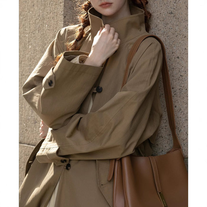 Women Lightweight Oversize Trench Coat with High Stand Collar, Adjustable Cuffs & Tied Belt Mune Fashion