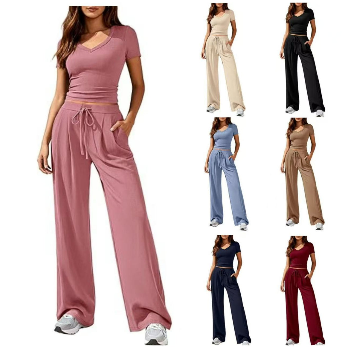 Ladies Casual Lounge Set with Tailored V-Neck Cropped Top and Loose Drawstring Pants Mune Fashion