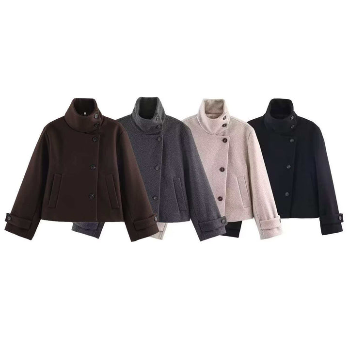 Women's short wool coat with a high stand-up collar, asymmetrical button placket, and adjustable cuff straps Mune Fashion