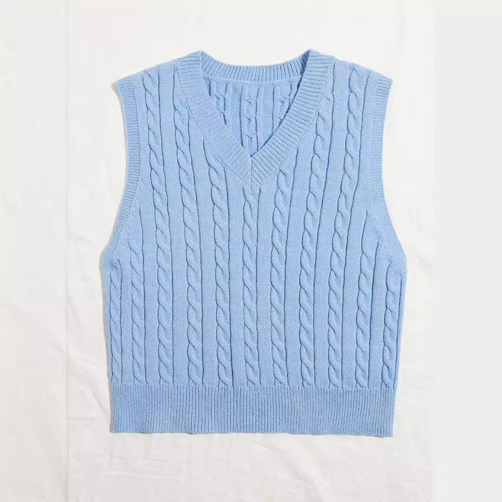 Women Knitted Sleeveless Cable Knit Sweater Vest with V-Neck Mune Fashion