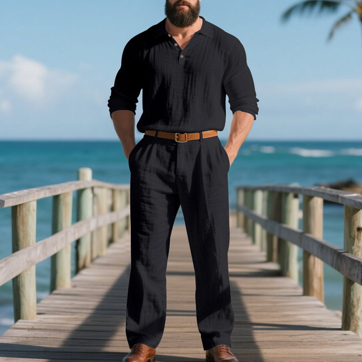 Men's airy linen two-piece set with V-neck shirt and loose pleated trousers Mune Fashion