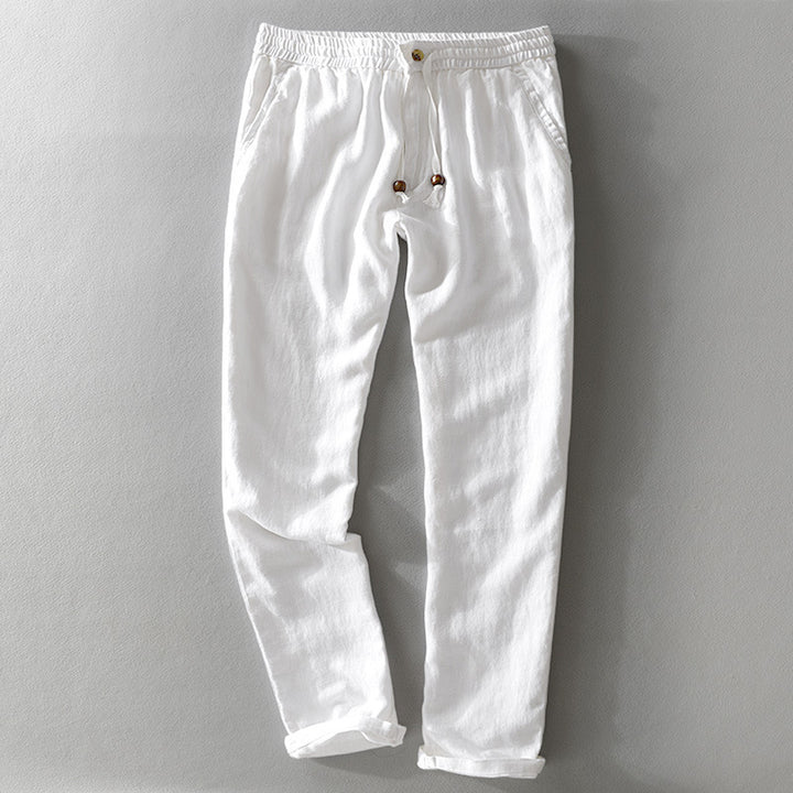 Women's linen pants with elastic waistband, drawstring, and straight leg Mune Fashion
