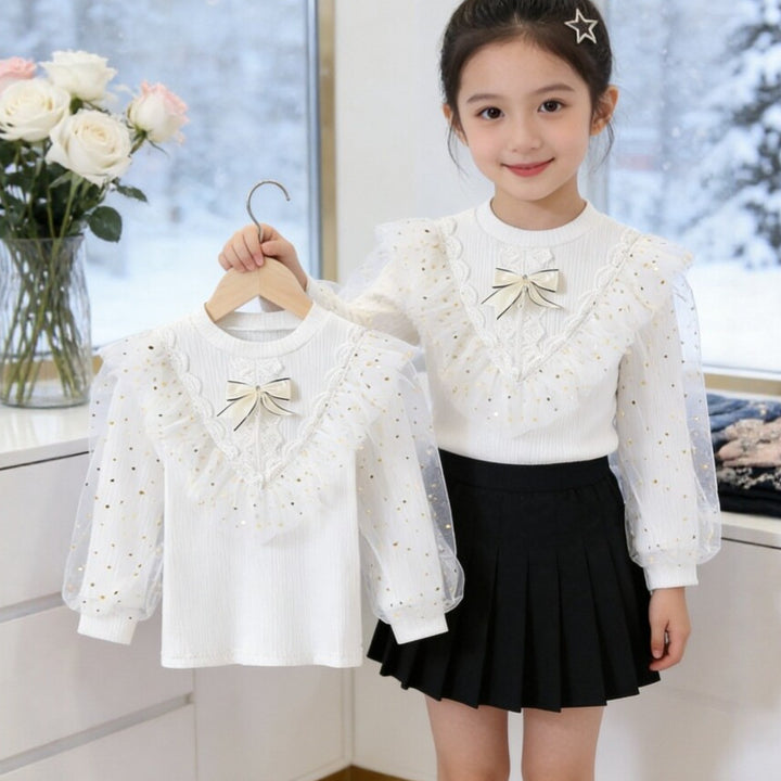 Girl long sleeve shirt with decorative tulle sleeves and lace applications Mune Fashion