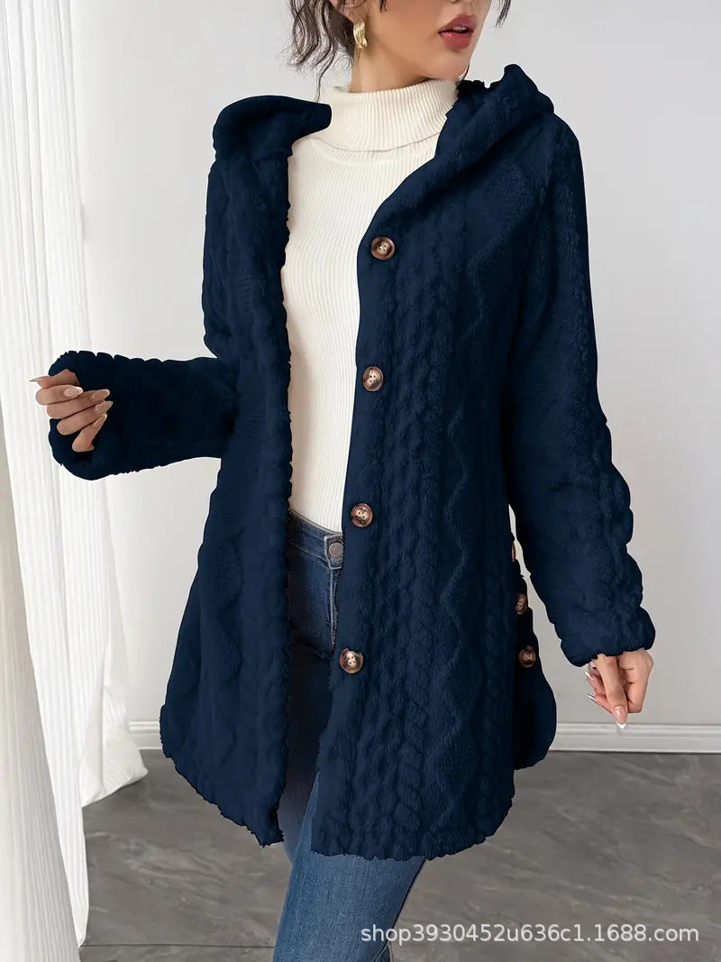Women's Hooded Teddy Jacket with Button Placket and Structured Surface Mune Fashion