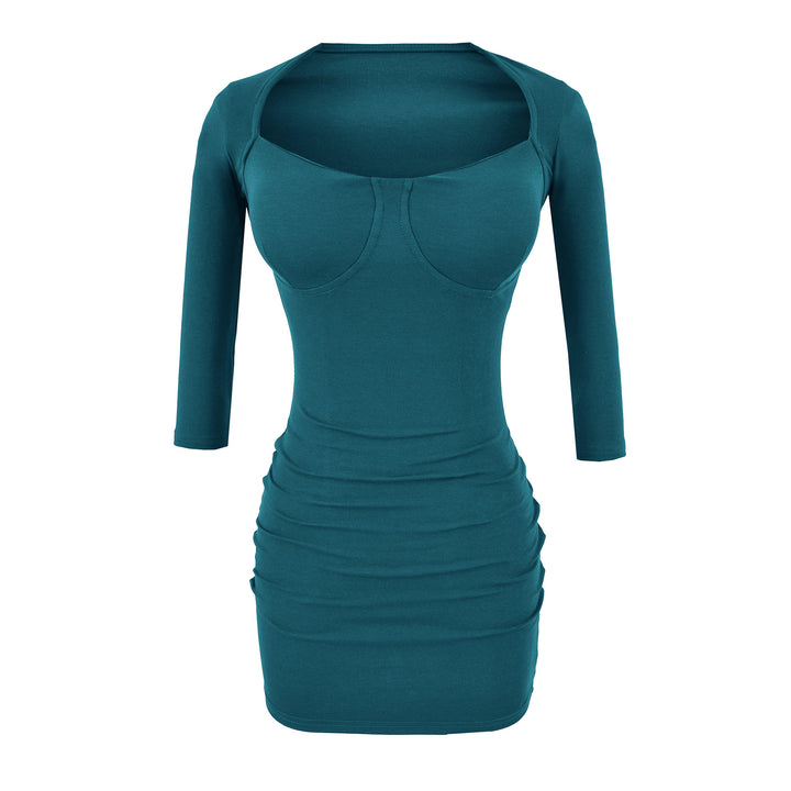 Ladies fitted midi dress with sewn-in cups, wide square neckline and gathering around